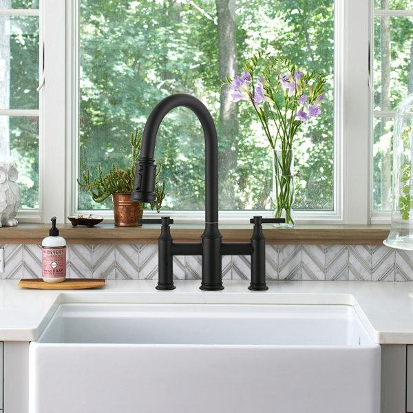 WOWOW 3 Holes 8 Inch Centerset Bridge Kitchen Faucet With Pull Down